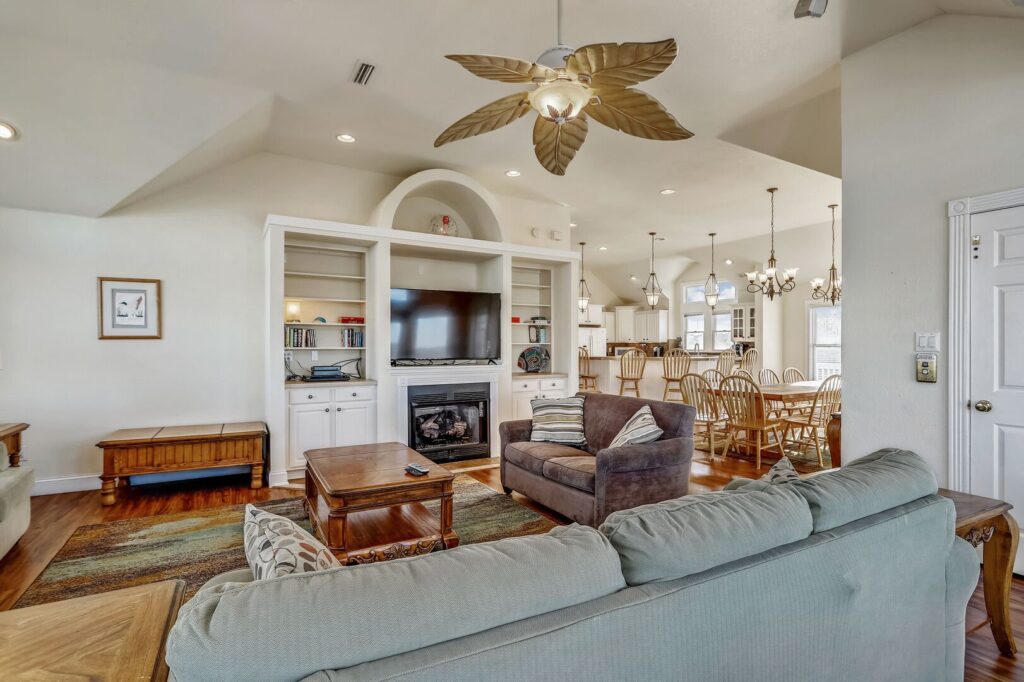 Living room area inside a Corolla vacation rental